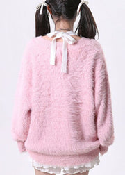 Style Pink V Neck Bow Ma Hai Mao Knit Sweaters Spring