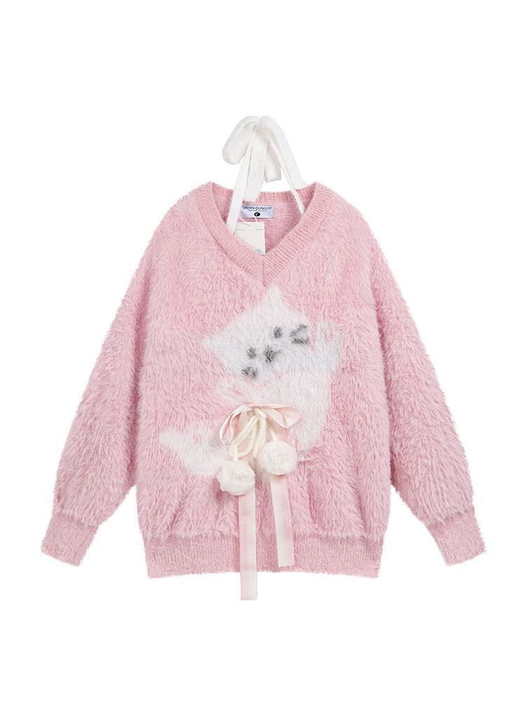 Style Pink V Neck Bow Ma Hai Mao Knit Sweaters Spring