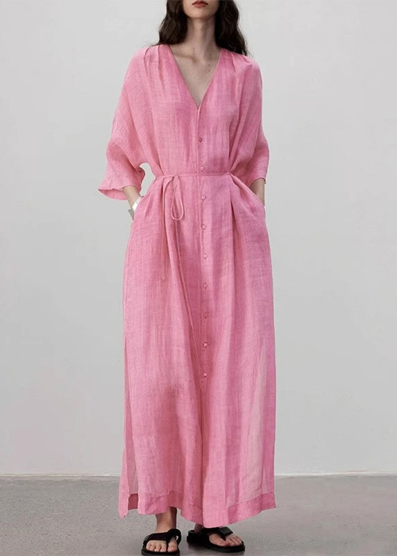 Style Pink V Neck Button Lace Up Linen Long Dress Summer