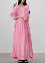 Style Pink V Neck Button Lace Up Linen Long Dress Summer