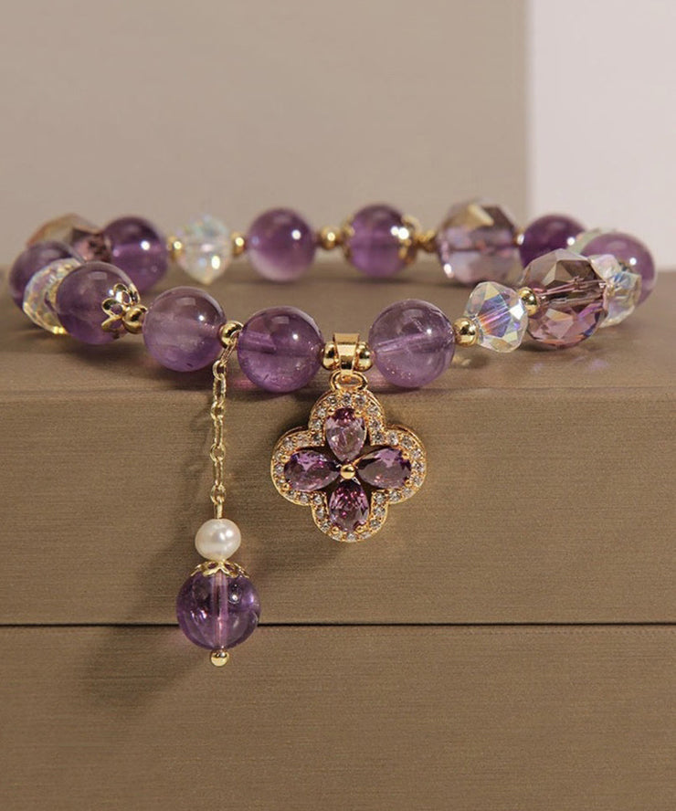 Style Purple Crystal Inlaid Gem Stone Zircon Four Leaf Clover Tassel Charm Bracelet