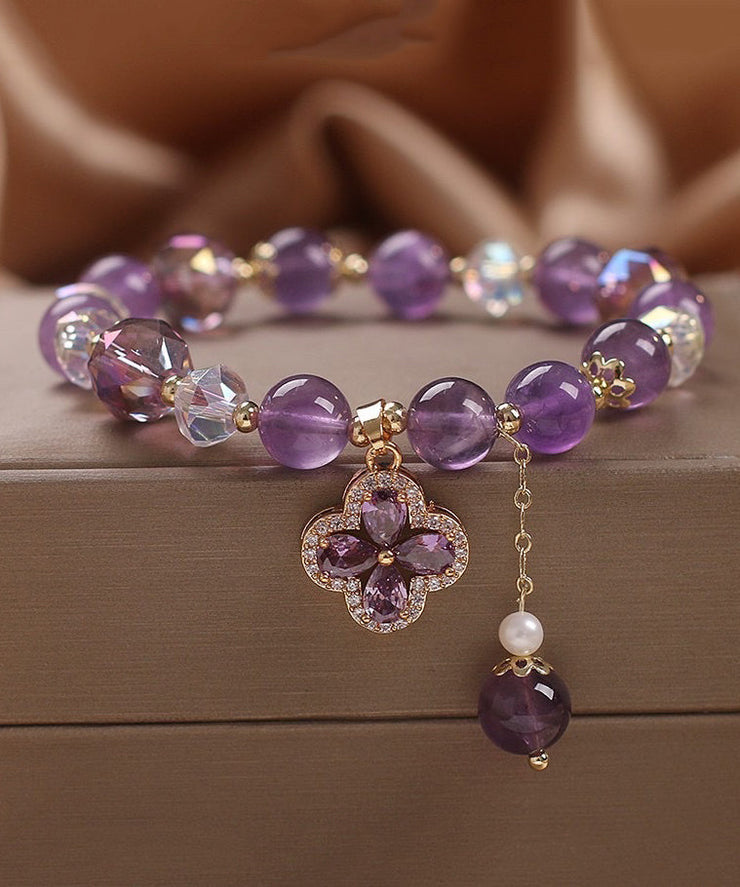 Style Purple Crystal Inlaid Gem Stone Zircon Four Leaf Clover Tassel Charm Bracelet