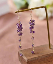 Style Purple Crystal Tassel 14K Gold Drop Earrings