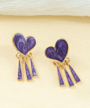 Style Purple Heart Tassel Metal Stud Earrings