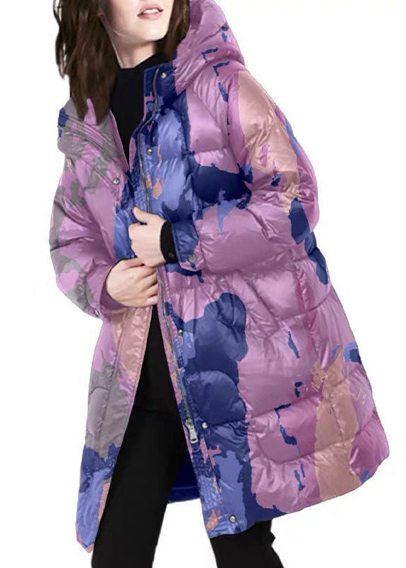 Style Purple Hooded Print Thick Duck Down Puffers Coats Winter