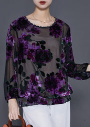 Style Purple Jacquard Hollow Out Tulle Top Spring
