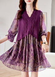 Style Purple Knit Patchwork Fake Two Pieces Mid Dresses Bracelet Sleeve