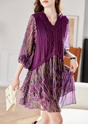 Style Purple Knit Patchwork Fake Two Pieces Mid Dresses Bracelet Sleeve