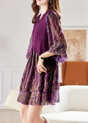 Style Purple Knit Patchwork Fake Two Pieces Mid Dresses Bracelet Sleeve