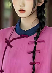 Style Purple Mandarin Collar Patchwork Linen Fake Two Piece Top Summer