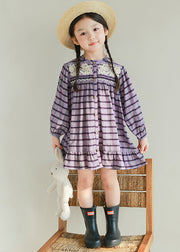 Style Purple O-Neck Striped Button Cotton Girls Mid Dress Spring