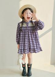 Style Purple O-Neck Striped Button Cotton Girls Mid Dress Spring