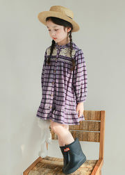 Style Purple O-Neck Striped Button Cotton Girls Mid Dress Spring