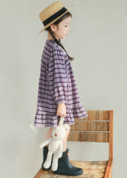 Style Purple O-Neck Striped Button Cotton Girls Mid Dress Spring