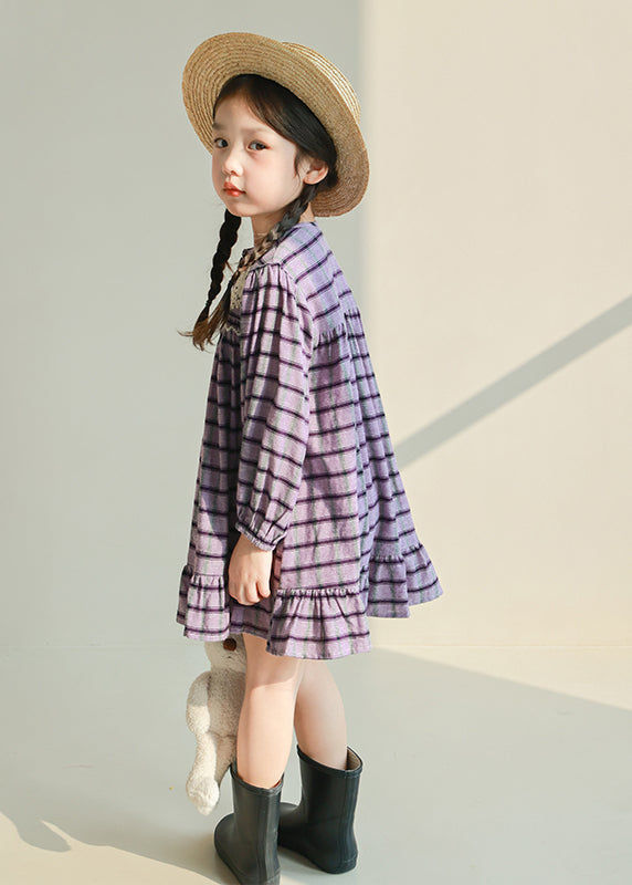 Style Purple O-Neck Striped Button Cotton Girls Mid Dress Spring