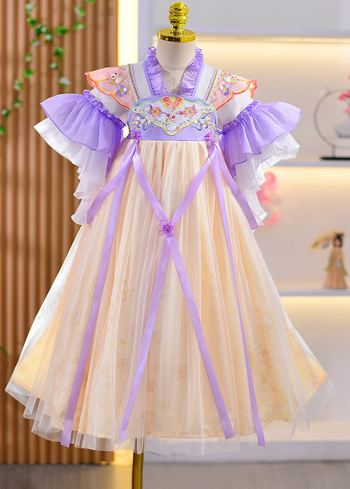 Style Purple Ruffled Embroideried Floral Patchwork Kids Girls Long Dresses Summer