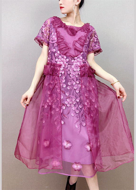 Style Purple Ruffled Floral Decorated Patchwork Tulle Dress Summer