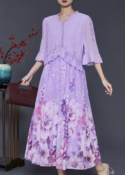 Style Purple Ruffled Print Zircon Chiffon Dresses Summer
