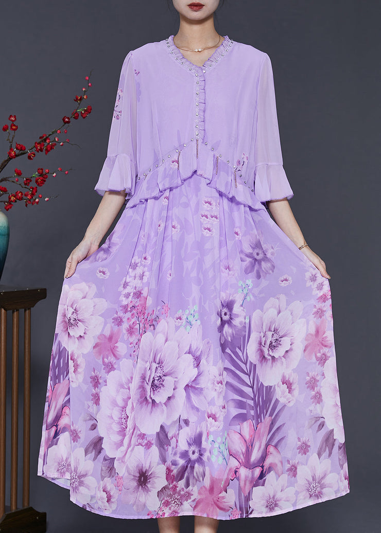 Style Purple Ruffled Print Zircon Chiffon Dresses Summer