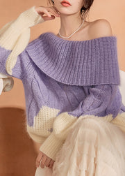 Style Purple Slash Neck Cold Shoulder Patchwork Cotton Knit Sweater Tops Winter