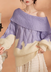 Style Purple Slash Neck Cold Shoulder Patchwork Cotton Knit Sweater Tops Spring