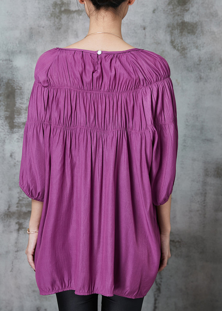 Style Purple Slash Neck Wrinkled Cotton Shirt Bracelet Sleeve