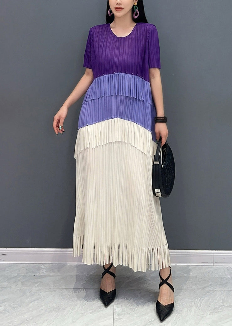 Style Purple Tasseled Patchwork Silk Long Dresses Summer