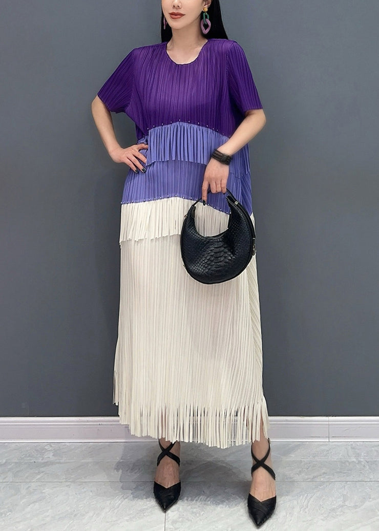 Style Purple Tasseled Patchwork Silk Long Dresses Summer