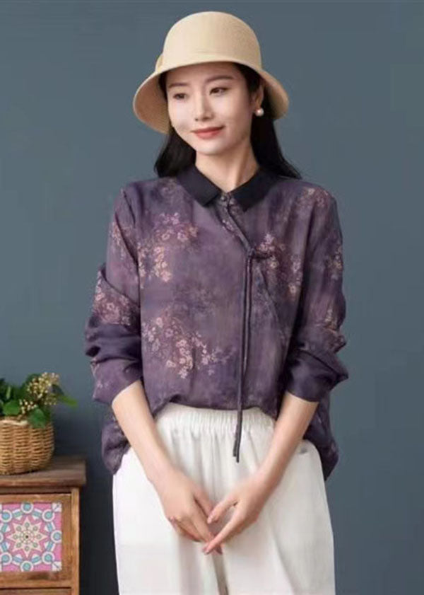 Style Purple Tasseled Print Patchwork Linen Blouse Top Long Sleeve