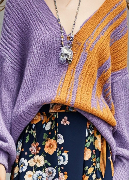 Style Purple V Neck Chunky Oversized Short Sweater Fall