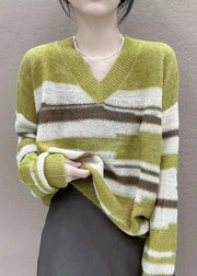 Style Purple V Neck Oversized Striped Knit Top Winter