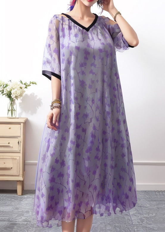 Style Purple V Neck Print Loose Silk Dress Summer