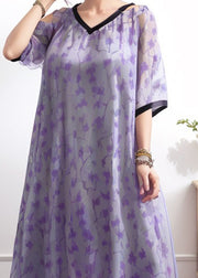 Style Purple V Neck Print Loose Silk Dress Summer