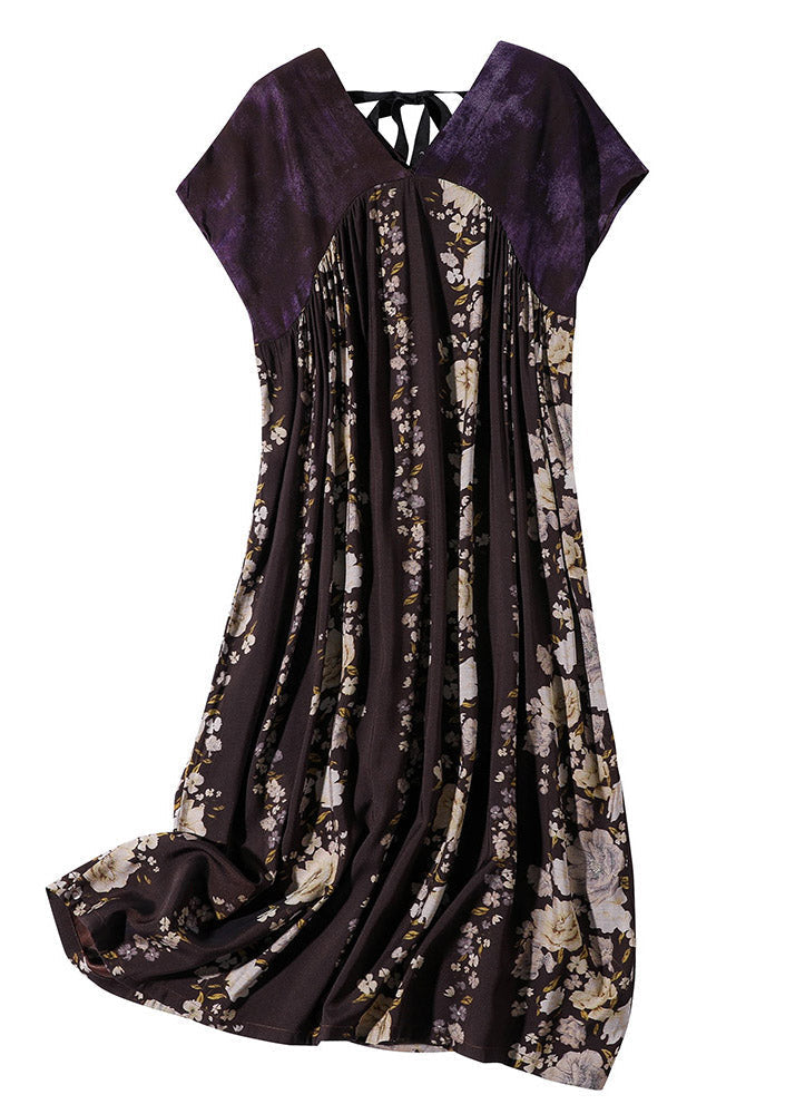 Style Purple V Neck Print Patchwork Chiffon Dress Short Sleeve