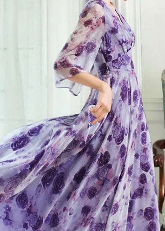 Style Purple V Neck Print Slim Chiffon Vacation Maxi Dresses Spring