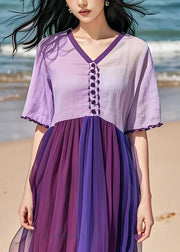 Style Purple V Neck Wrinkled Tulle Patchwork Cotton Dress Summer