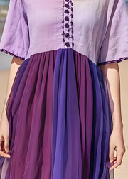 Style Purple V Neck Wrinkled Tulle Patchwork Cotton Dress Summer