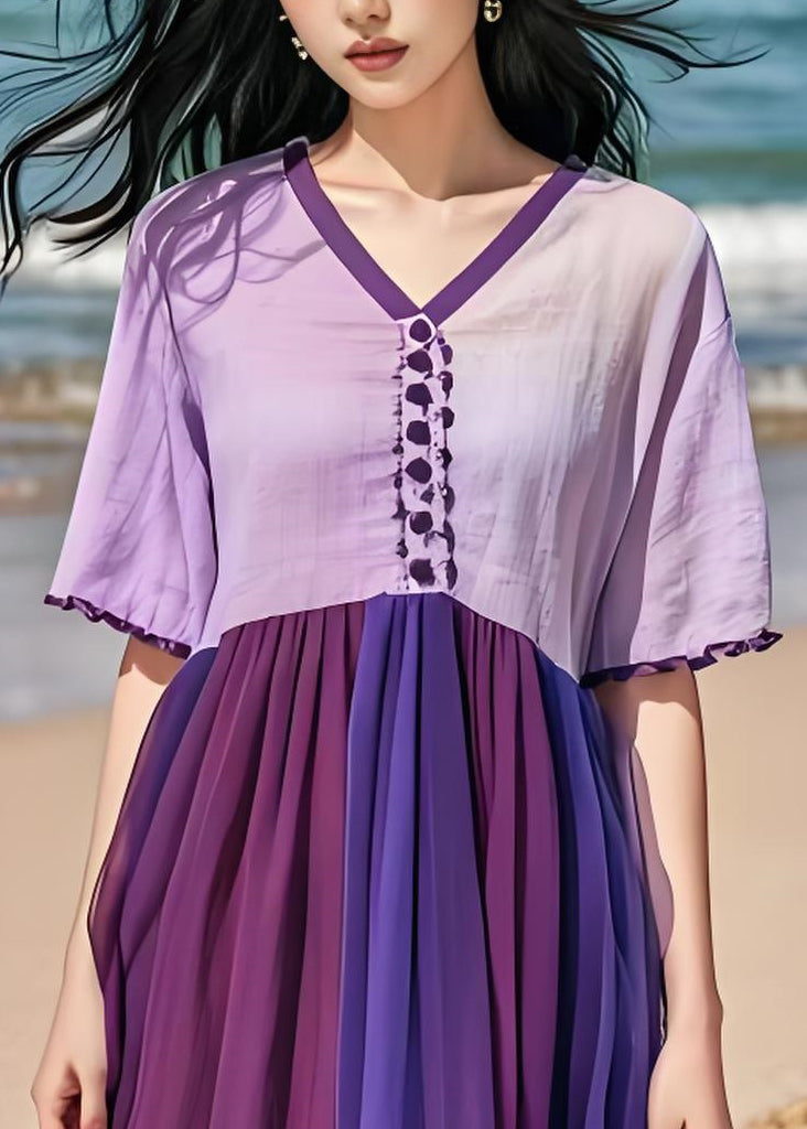 Style Purple V Neck Wrinkled Tulle Patchwork Cotton Dress Summer