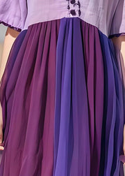 Style Purple V Neck Wrinkled Tulle Patchwork Cotton Dress Summer