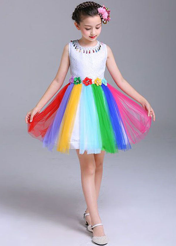 Style Rainbow O Neck Floral Patchwork Tulle Kids Girls Dresses Sleeveless