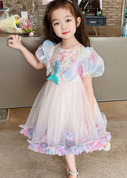 Style Rainbow Ruffled Patchwork Tulle Kids Girls Dress Summer