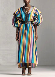 Style Rainbow Ruffled Striped Cotton Long Dress Fall