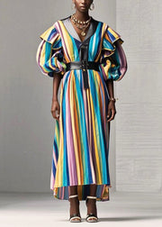 Style Rainbow Ruffled Striped Cotton Long Dress Fall