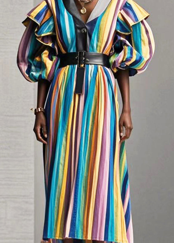 Style Rainbow Ruffled Striped Cotton Long Dress Spring