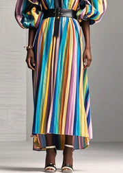 Style Rainbow Ruffled Striped Cotton Long Dress Fall