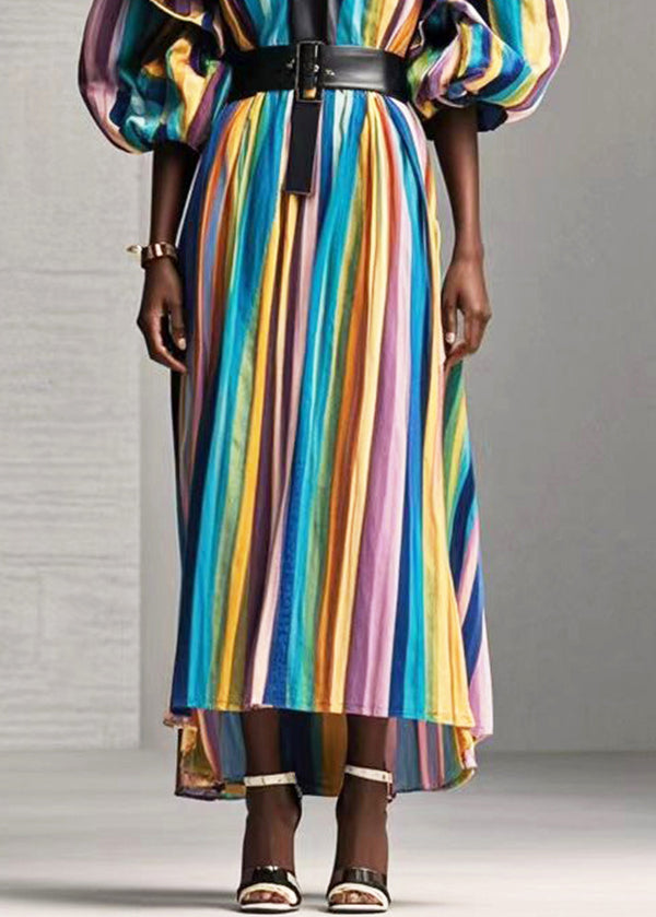 Style Rainbow Ruffled Striped Cotton Long Dress Spring