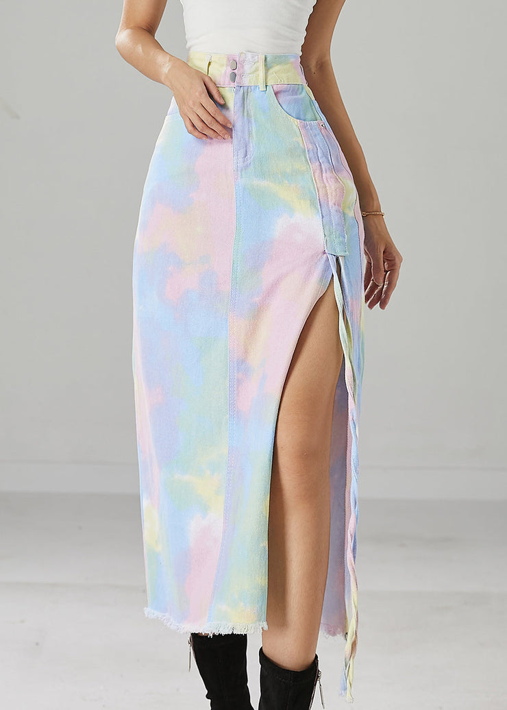 Style Rainbow Tie Dye Side Open Cotton Skirts Fall