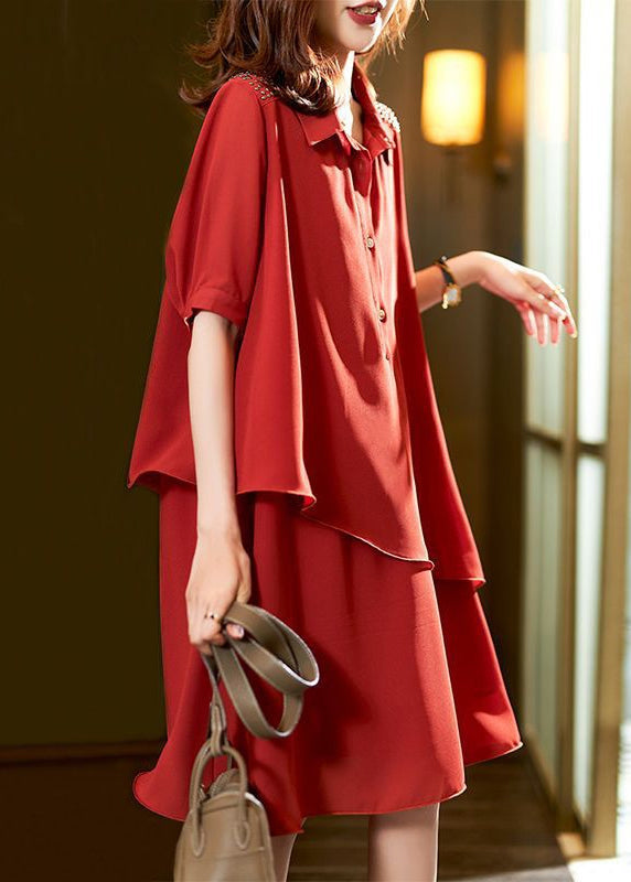 Style Red Asymmetrical Button Patchwork Chiffon Dresses Summer