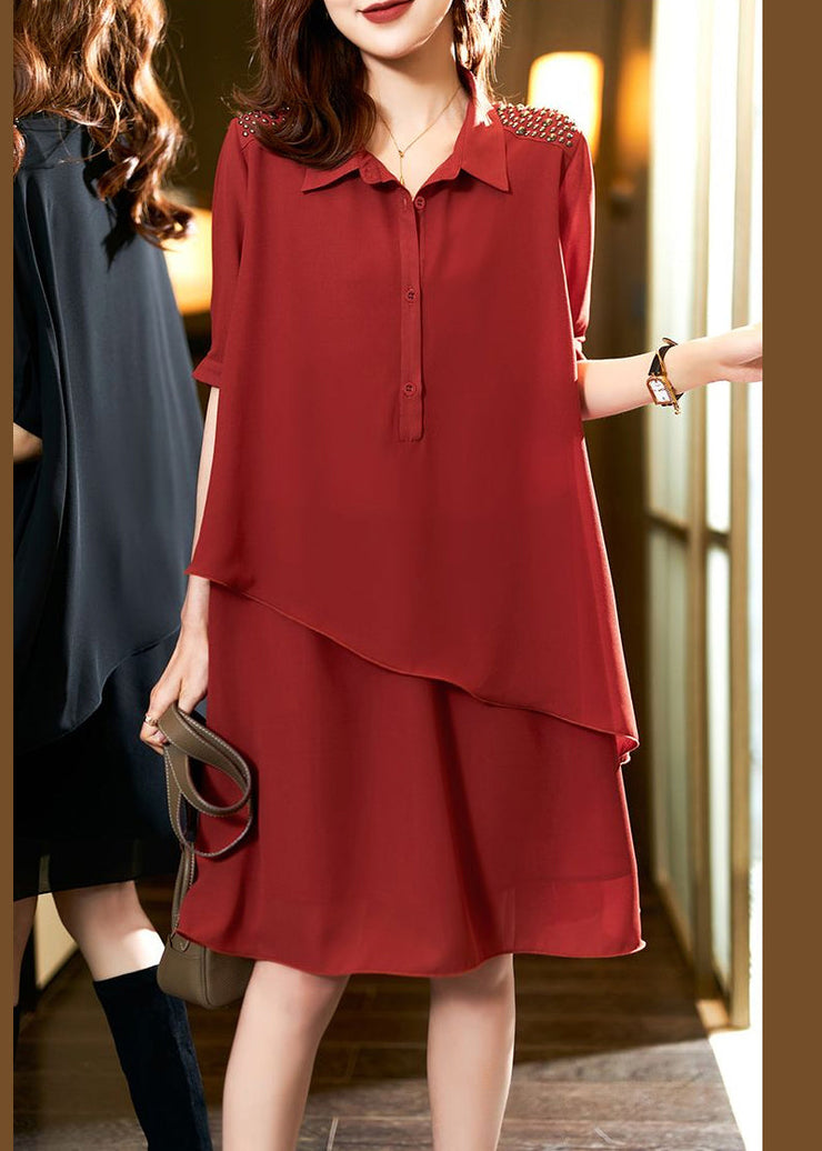 Style Red Asymmetrical Button Patchwork Chiffon Dresses Summer