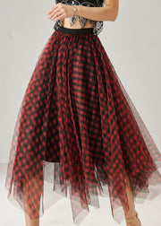 Style Red Asymmetrical Plaid Tulle Skirt Summer